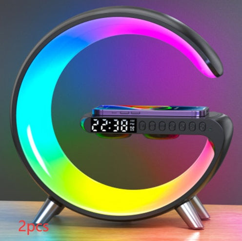 Intelligent G‑Shaped LED Lamp with Bluetooth Speaker, 15W Wireless Charger & App‑Controlled RGB Atmosphere Light for Bedroom Decor