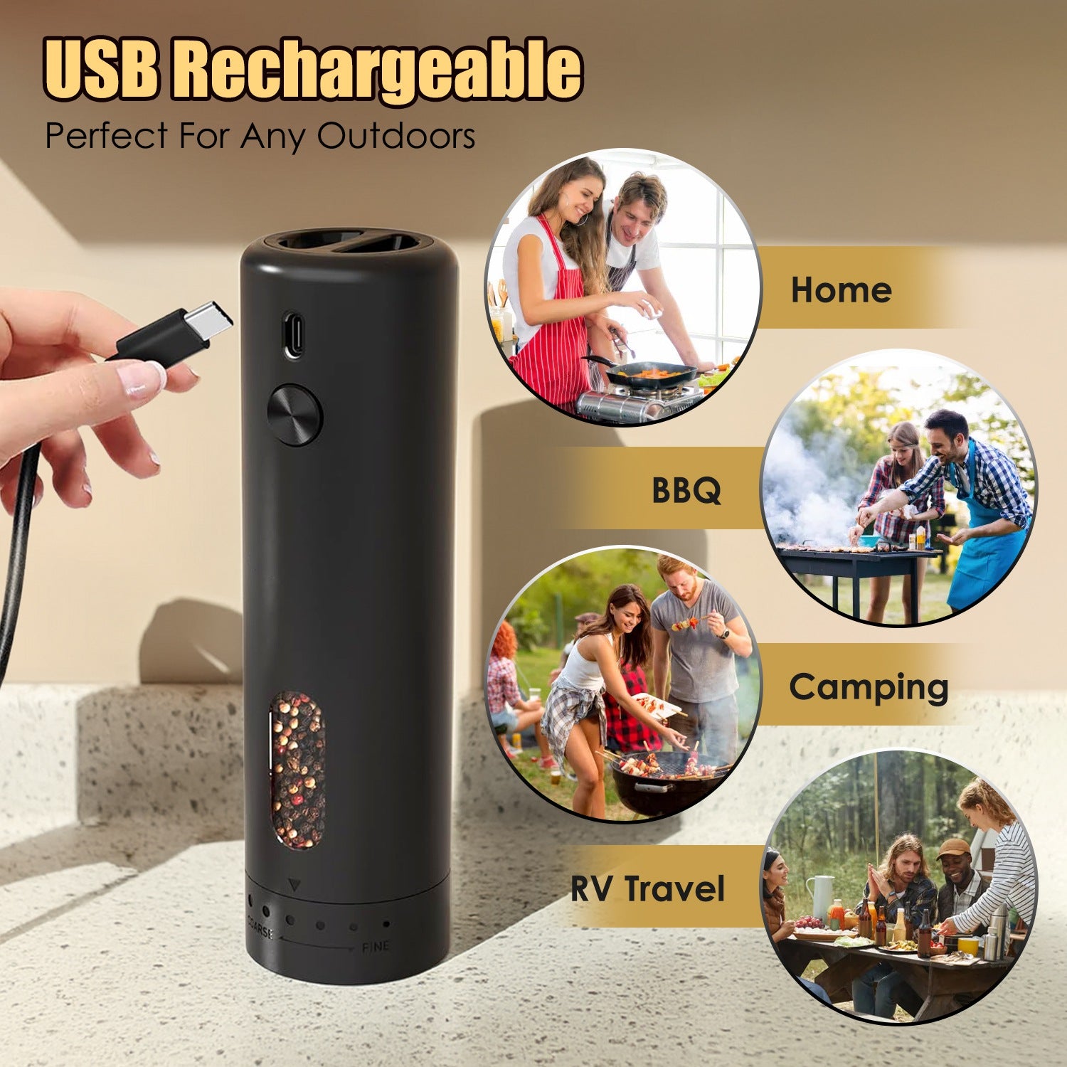 Electric Pepper Grinder USB Rechargeable Pepper Mill Automatic Salt Grinder With 6 Adjustable Coarseness LED Light