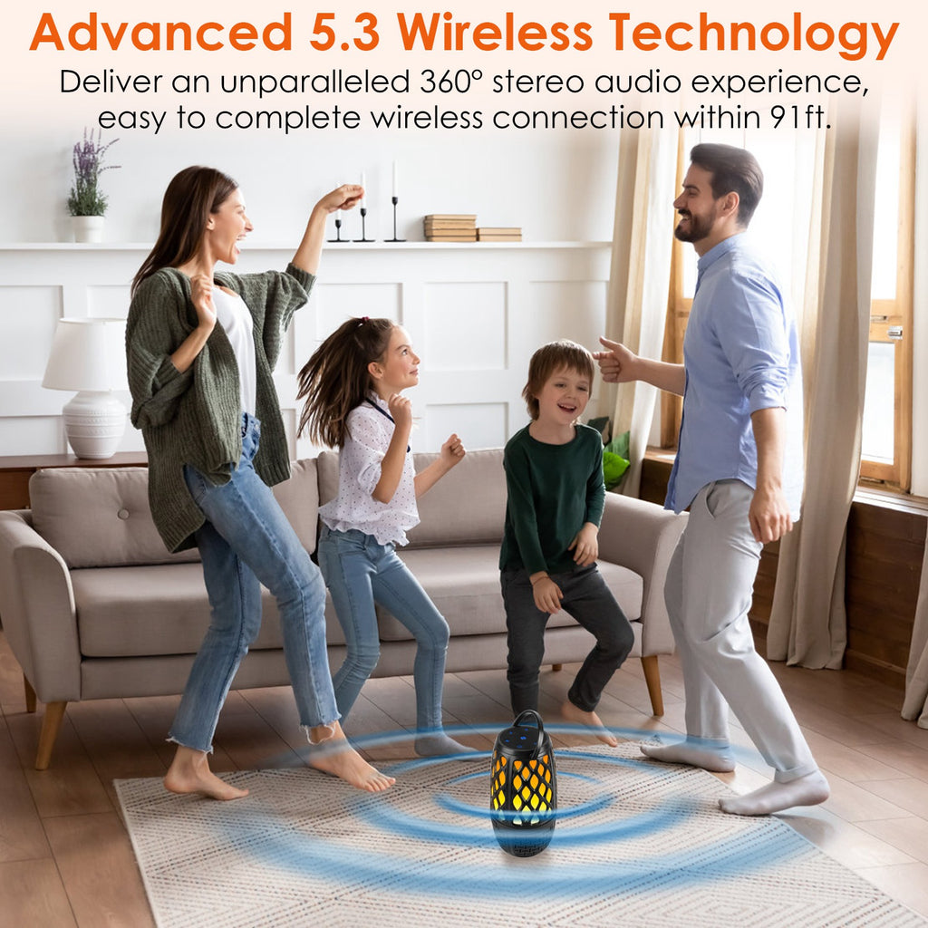 Wireless 5.3 Outdoor Speaker IPX5 Waterproof Patio Speaker LED Flame Speaker With 3 Flame Light Mode