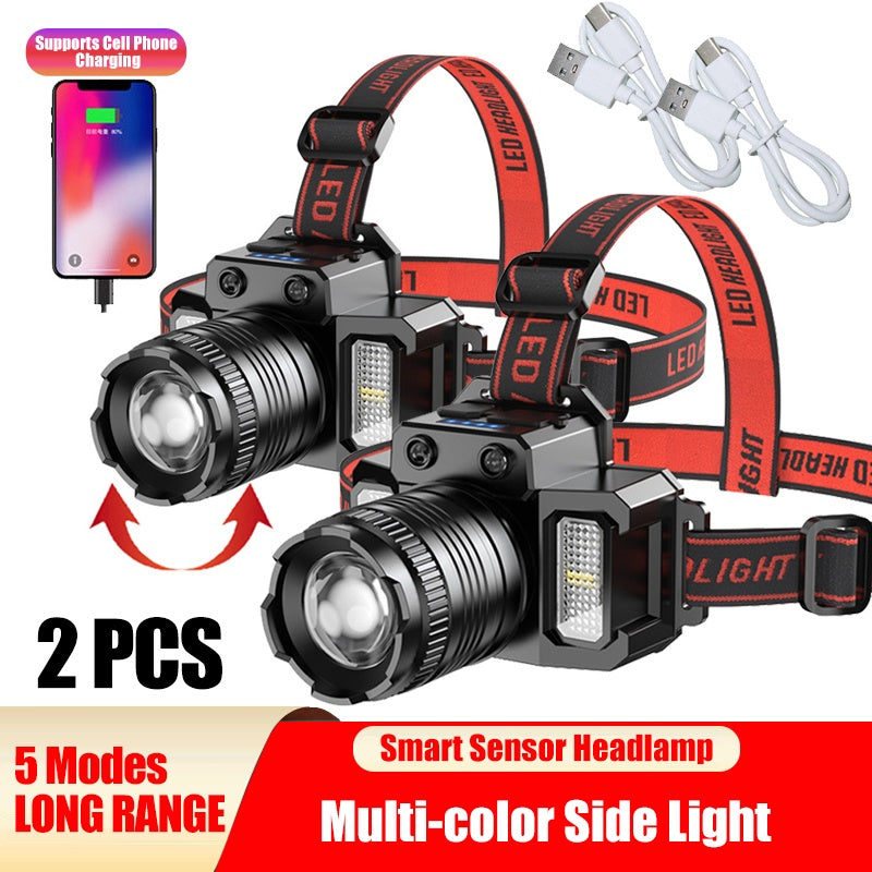 LED Telescopic Headlamp Head Torch USB Rechargeable Motion Sensor Headlight Zoomable 5 Modes Emergency Power Bank For Camping