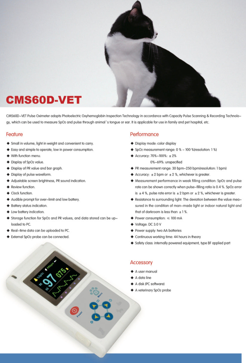 Veterinary Color Display CMS60D-VET Pulse Oximeter Spo2 Probe PR VET Monitor