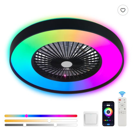 23 Inch Black Ceiling Fan Light With LED RGB   Dimmable & Color Changing, APP & Remote Control