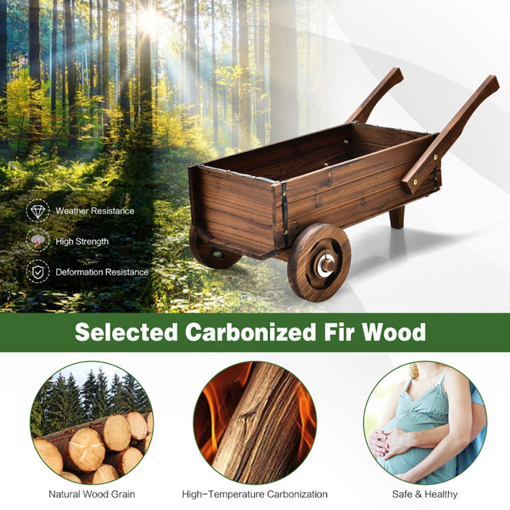 Wooden Wagon Planter Box With Wheels Handles And Drainage Hole