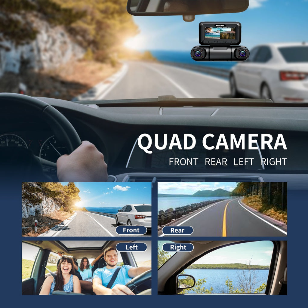 Hainatech 360 Degree View 4 Channel Dash Cam Front And Rear Inside Left Right, Dash Camera For Cars, Built-in GPS WiFi Night Vision, 24  7 Recording Parking Mode Monitor, Free 128G Card