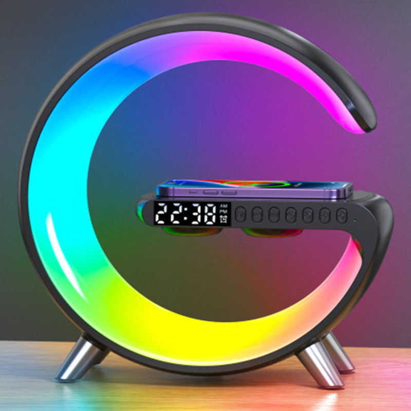 Intelligent G‑Shaped LED Lamp with Bluetooth Speaker, 15W Wireless Charger & App‑Controlled RGB Atmosphere Light for Bedroom Decor