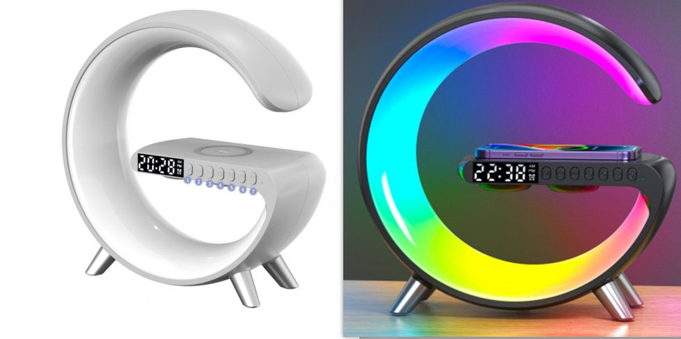 Intelligent G‑Shaped LED Lamp with Bluetooth Speaker, 15W Wireless Charger & App‑Controlled RGB Atmosphere Light for Bedroom Decor