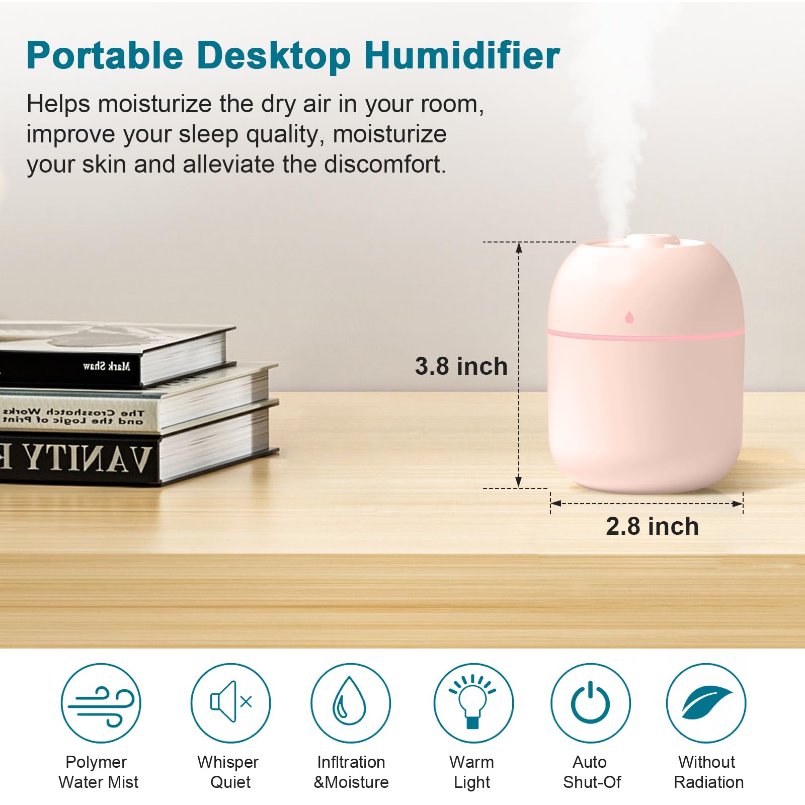Portable Mini Humidifier 220ml Small Cool Mist Humidifier USB Personal Desktop Humidifier For Bedroom Travel Office Home