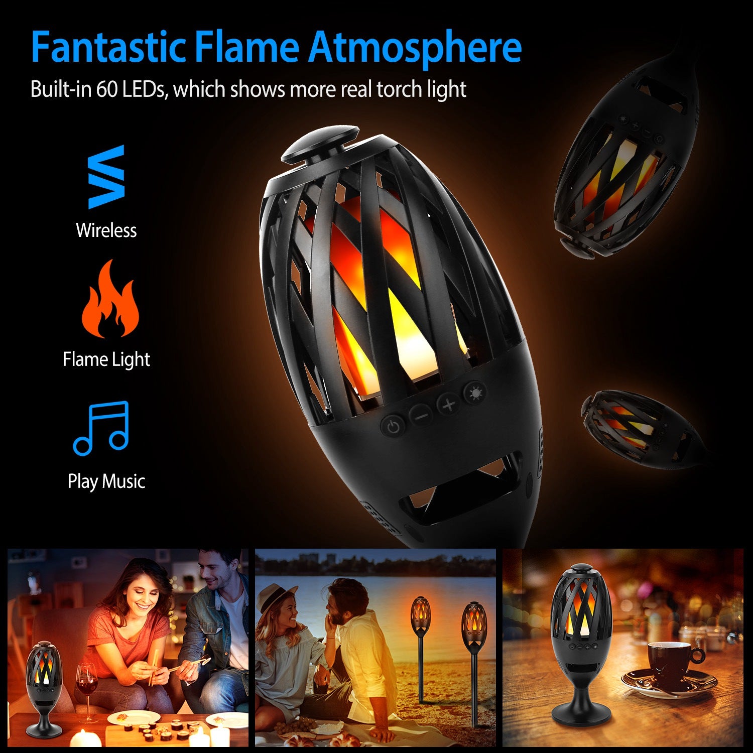 LED Flame Speakers Torch Wireless Speaker Waterproof Stereo Bass Speaker Outdoor Light-Up Speaker Atmosphere LED