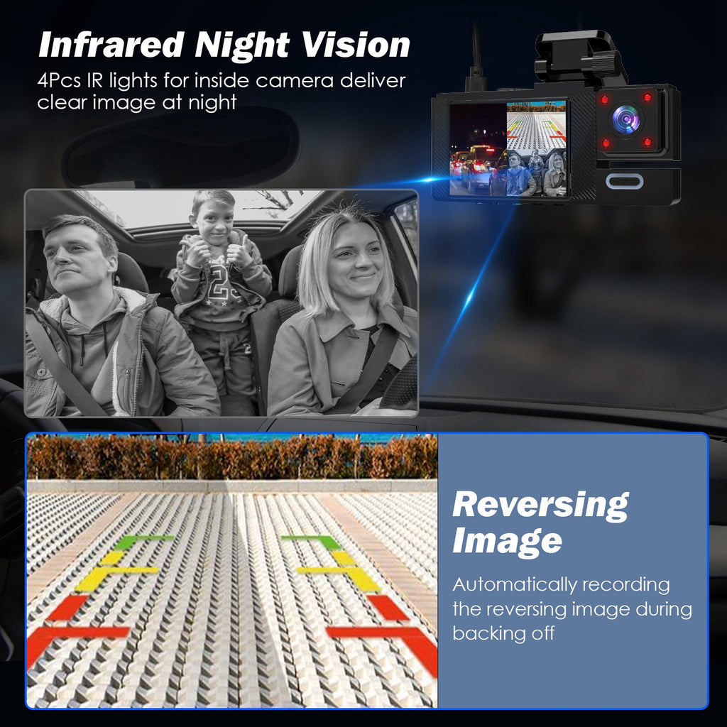 1Pc WiFi FHD 1080P Car Dash Cam 3 Channels Front Rear Inside Dash Camera With Loop Recording Reversing Image Night Vision 170 Degree Wide Angle Support 64G MMC Card Included