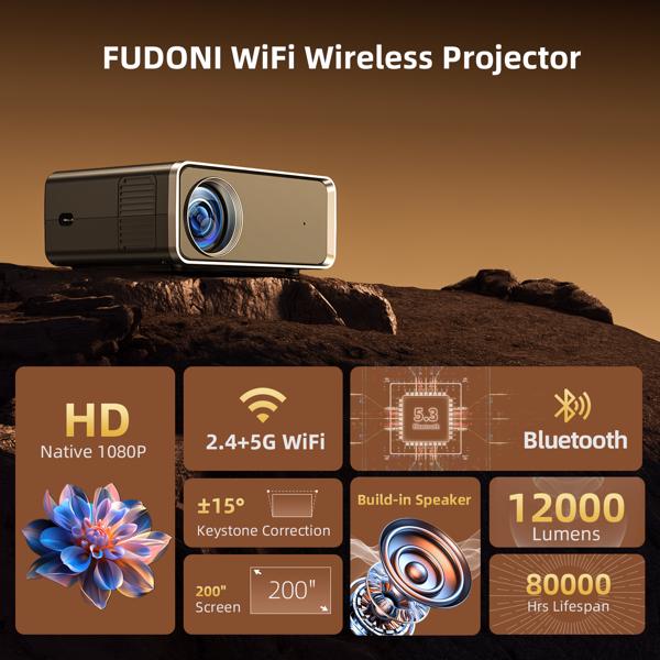Projector With WiFi & Bluetooth, Upgraded 5G Portable Projector, Support 4K, Native 1080P, 12000 Lumens, Outdoor LED Movie