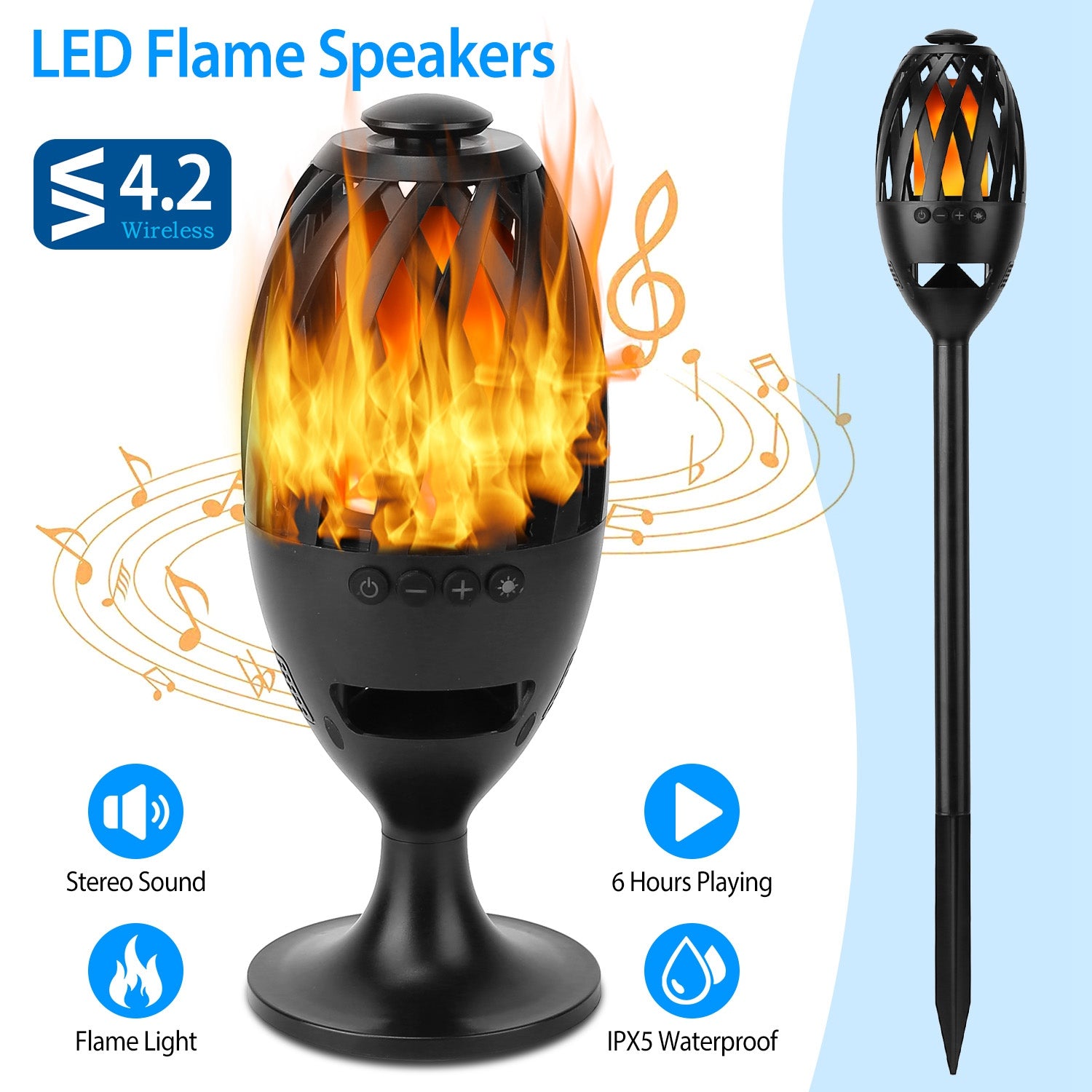 LED Flame Speakers Torch Wireless Speaker Waterproof Stereo Bass Speaker Outdoor Light-Up Speaker Atmosphere LED