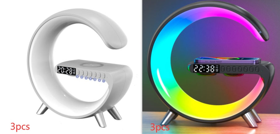 Intelligent G‑Shaped LED Lamp with Bluetooth Speaker, 15W Wireless Charger & App‑Controlled RGB Atmosphere Light for Bedroom Decor