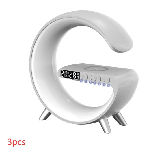 Intelligent G‑Shaped LED Lamp with Bluetooth Speaker, 15W Wireless Charger & App‑Controlled RGB Atmosphere Light for Bedroom Decor