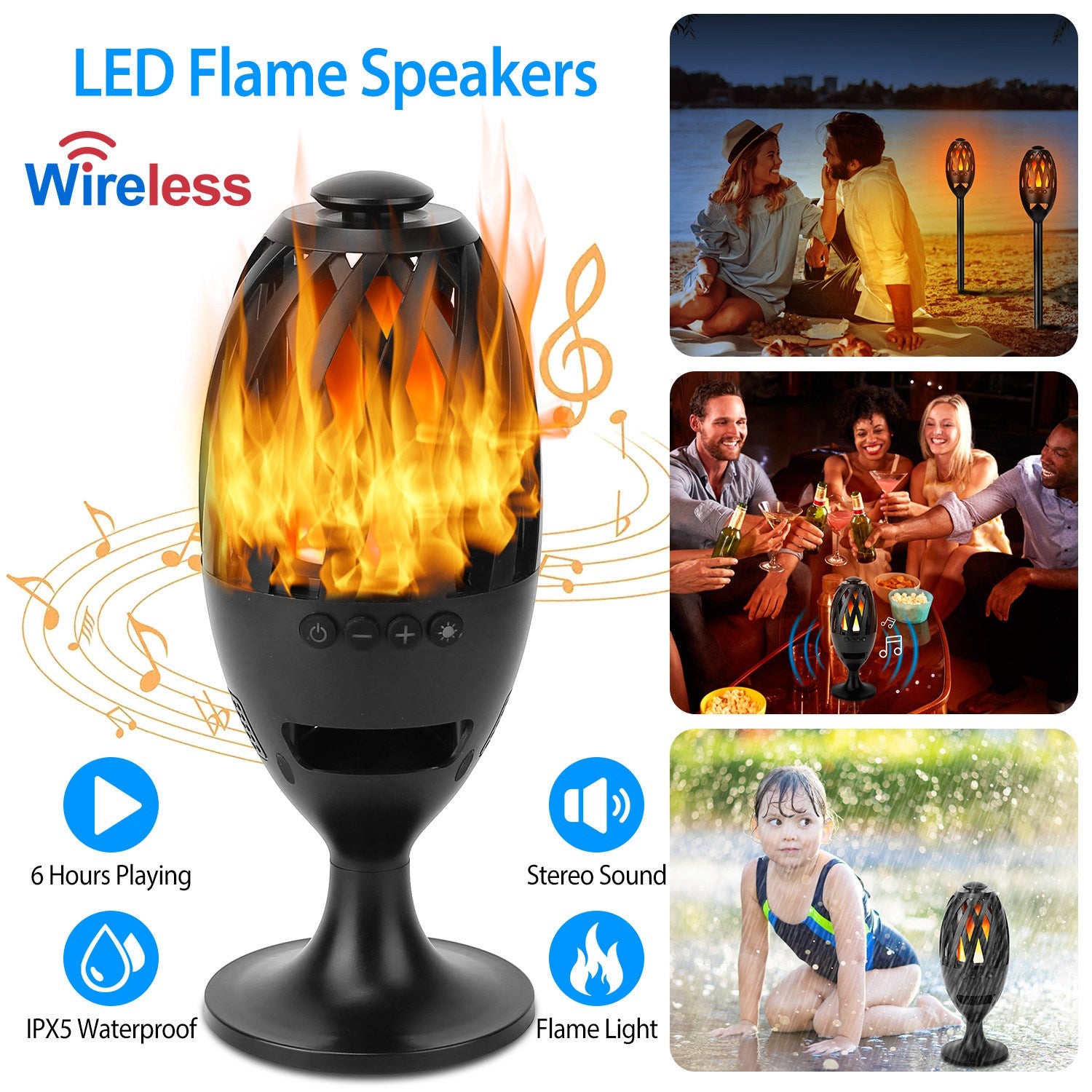 LED Flame Speakers Torch Wireless Speaker Waterproof Stereo Bass Speaker Outdoor Light-Up Speaker Atmosphere LED