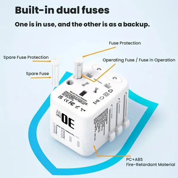 Universal Travel Adapter Supports Laptops/Hair Dryers