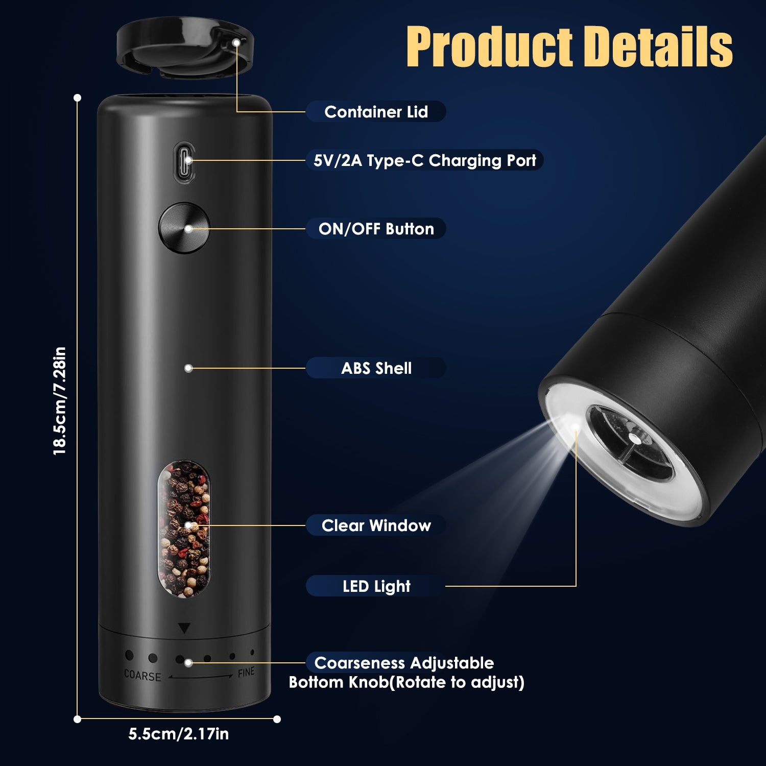 Electric Pepper Grinder USB Rechargeable Pepper Mill Automatic Salt Grinder With 6 Adjustable Coarseness LED Light