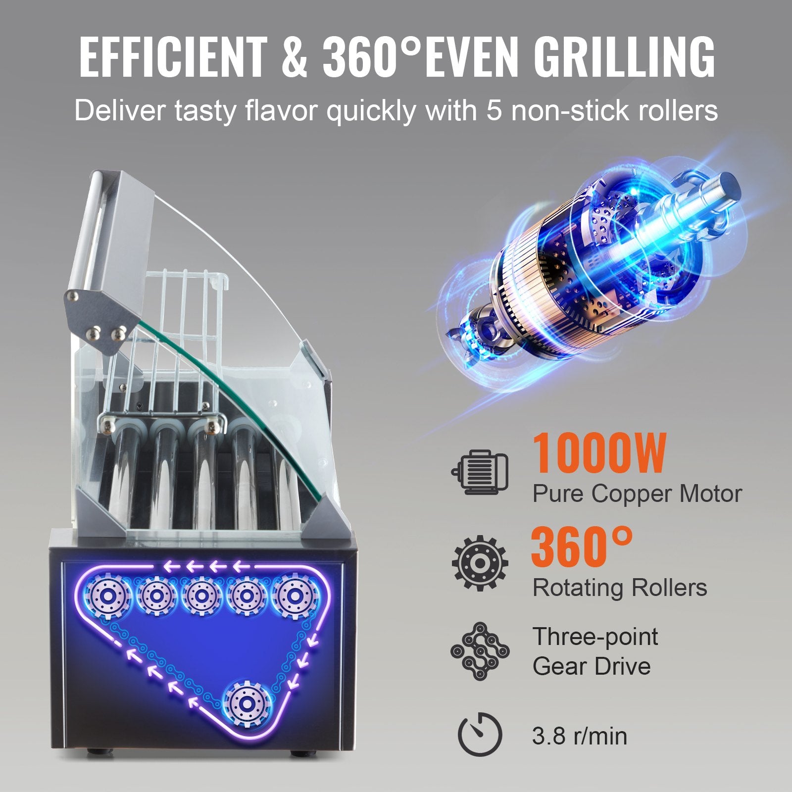 Hot Dog Roller 5 Rollers 12 Hot Dogs Capacity, 750W Stainless Sausage Grill Cooker Machine