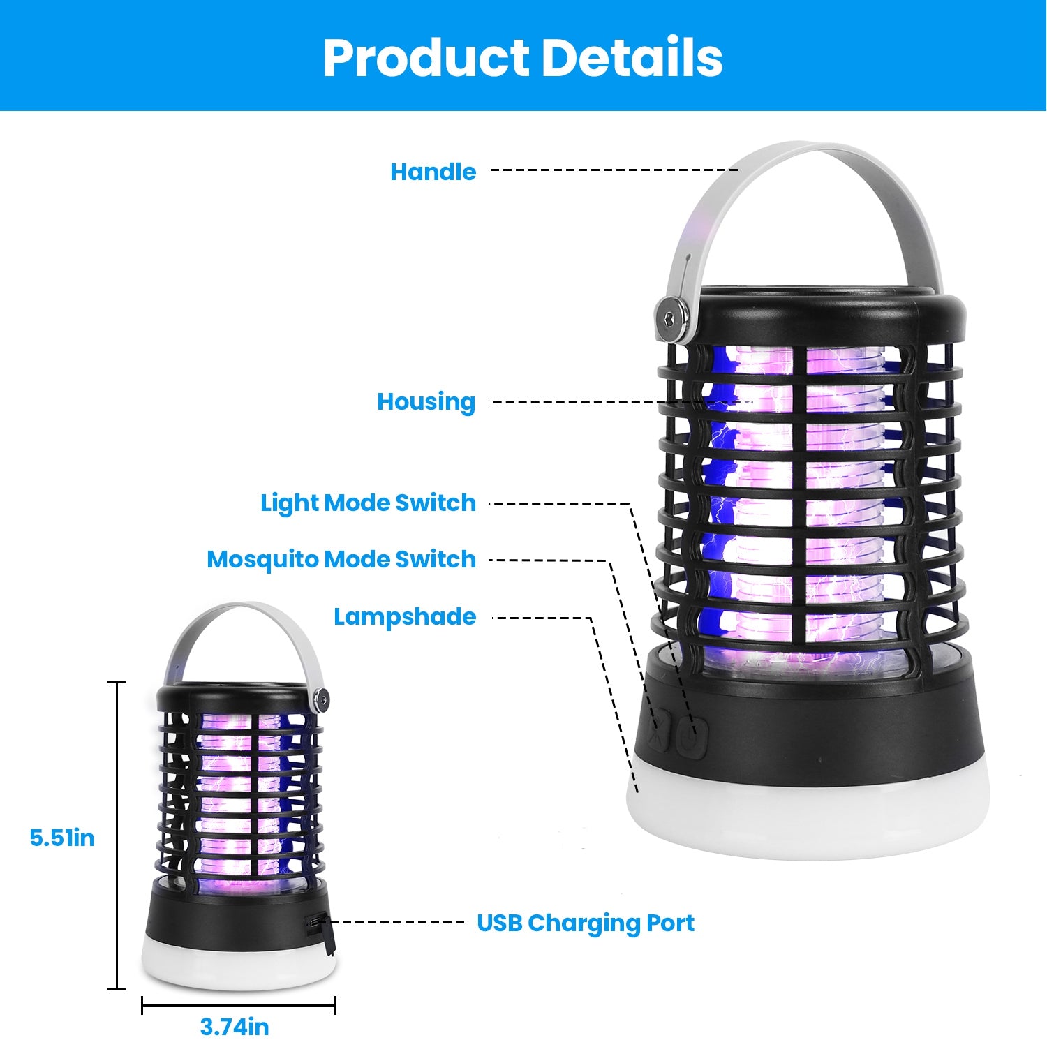 Bug Zapper Light Rechargeable Mosquito Zapper For Indoor Outdoor Waterproof Mosquito Killer Lamp With 3 Lighting Modes For Patio Yard Home