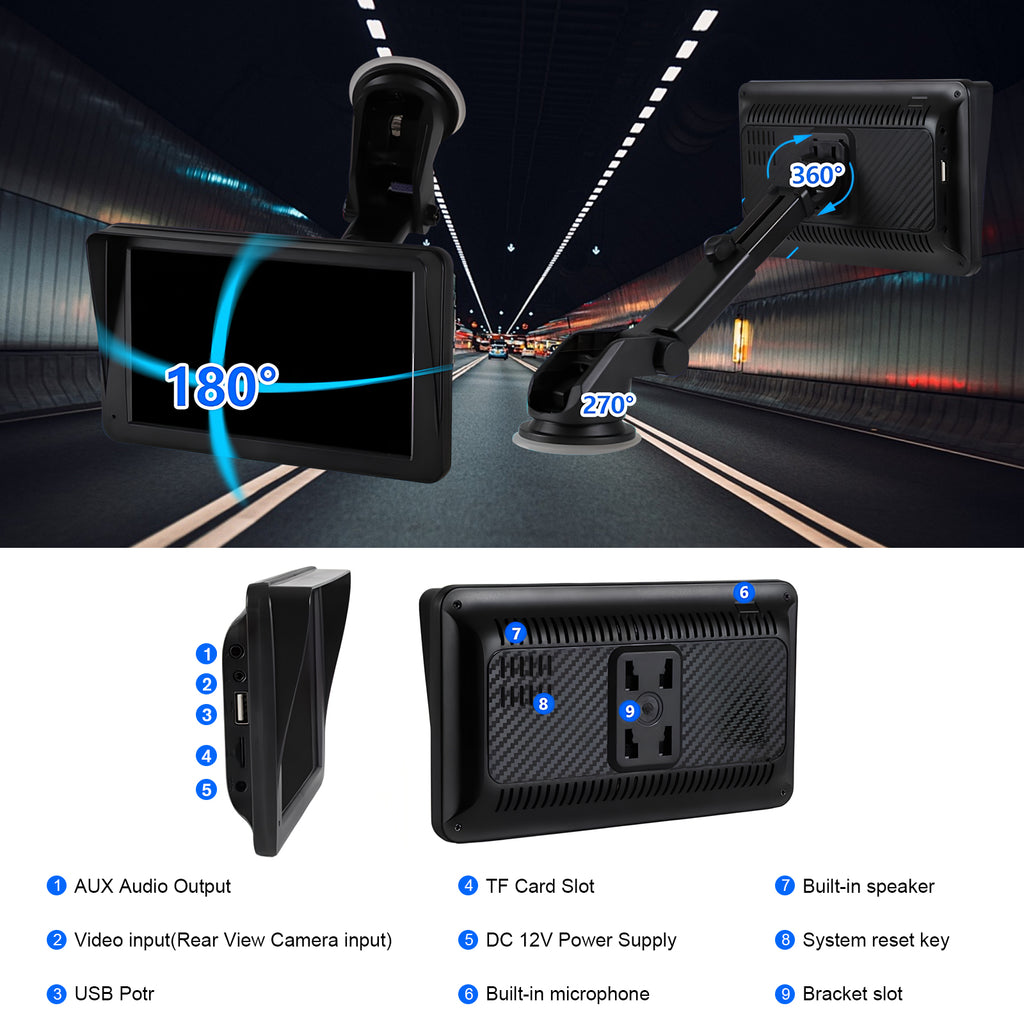 Portable Car Stereo Wireless CarPlay & Android Auto, Car Radio 7inches Touchscreen, Bluetooth5.0, Mirror Link, Maps Navigation, Voice Control, AUX Cable Vehicles