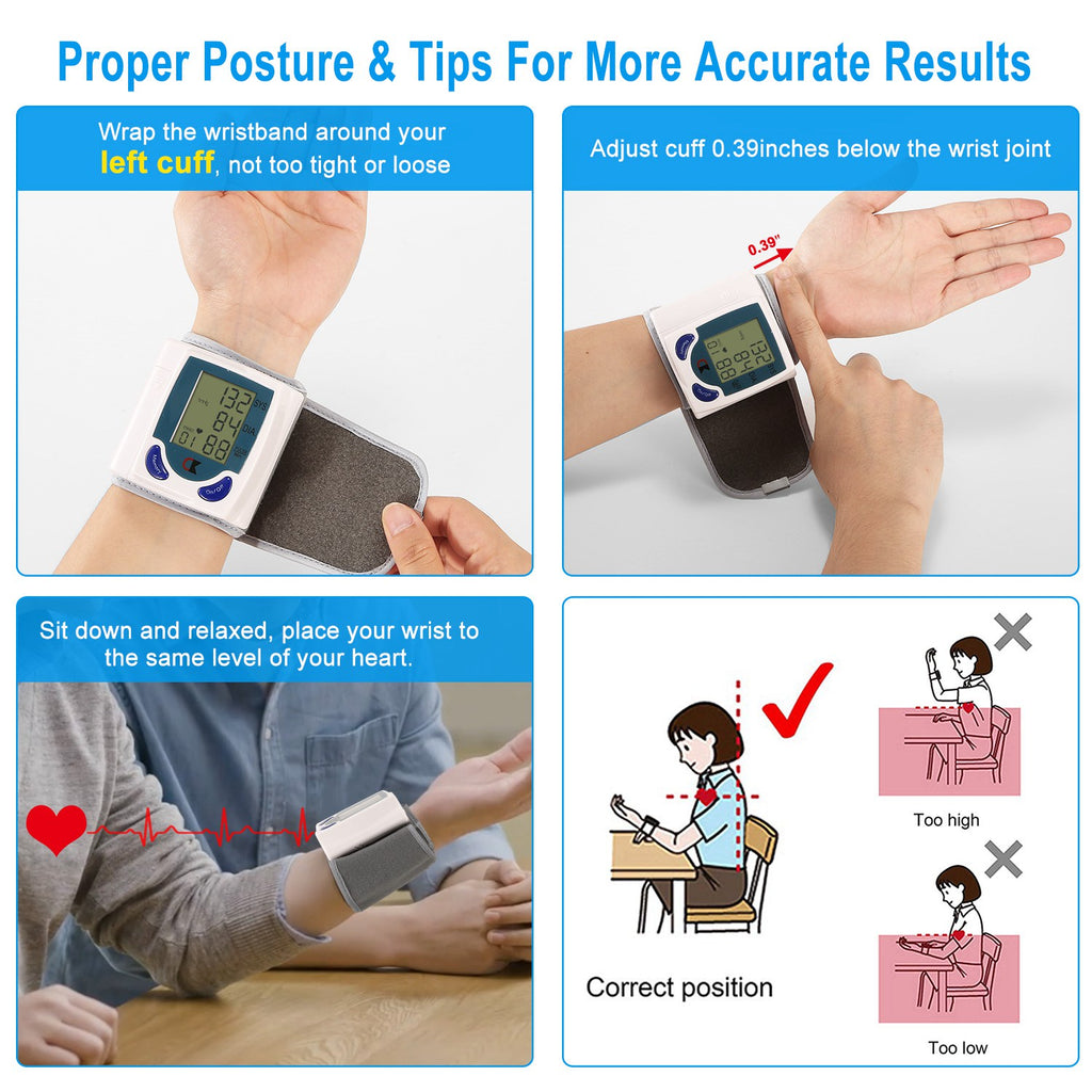Blood Pressure Monitor Wrist Digital High Blood Pressure Cuff Heartbeat Tester With 60 Reading Memory 1.8 Inches LCD Screen Storage Box