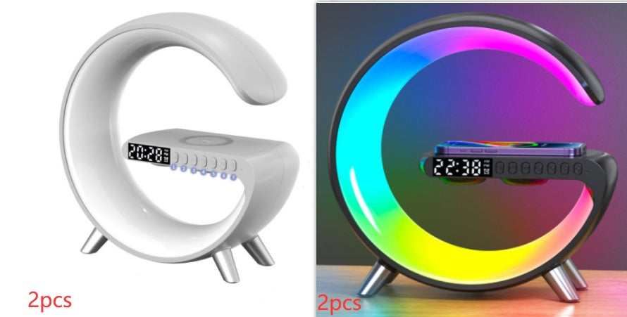 Intelligent G‑Shaped LED Lamp with Bluetooth Speaker, 15W Wireless Charger & App‑Controlled RGB Atmosphere Light for Bedroom Decor