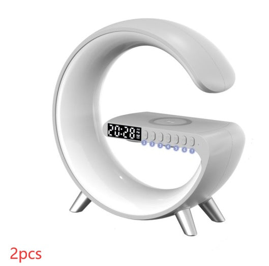 Intelligent G‑Shaped LED Lamp with Bluetooth Speaker, 15W Wireless Charger & App‑Controlled RGB Atmosphere Light for Bedroom Decor
