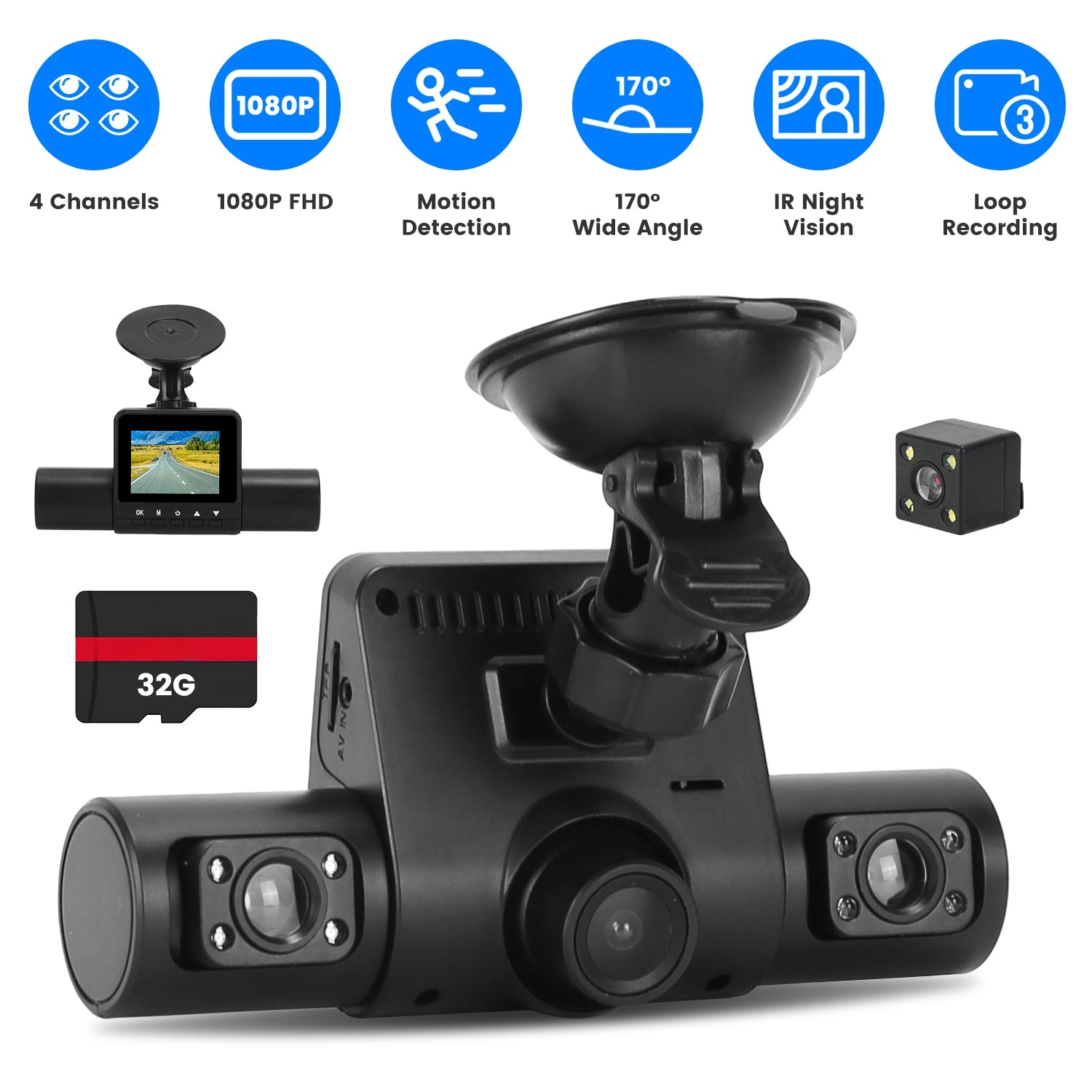1Pc 360 Degree View FHD 4 Channel Dash Cam 1080P Front 480P Rear Left Right Inside Dash Camera With IR Night Vision Loop Recording Motion Detection Free 32GB MMC Card