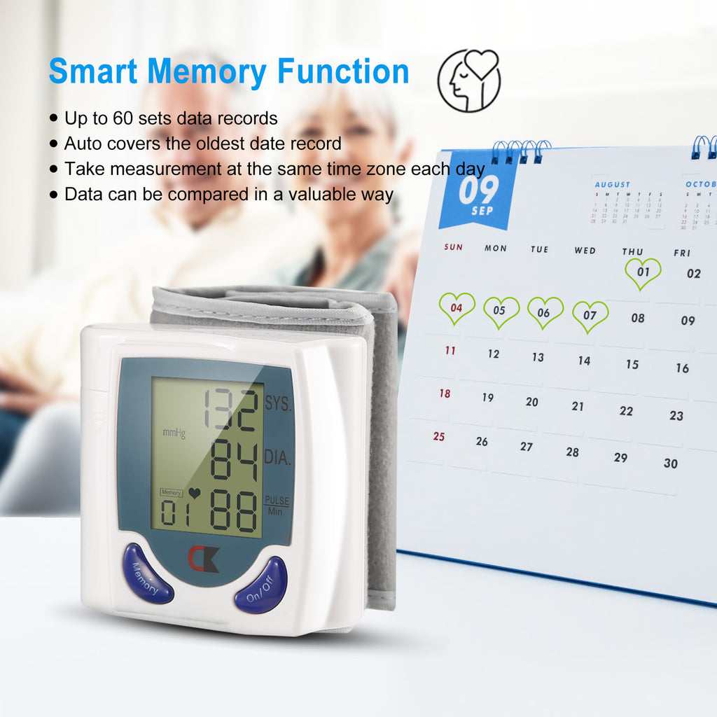 Blood Pressure Monitor Wrist Digital High Blood Pressure Cuff Heartbeat Tester With 60 Reading Memory 1.8 Inches LCD Screen Storage Box