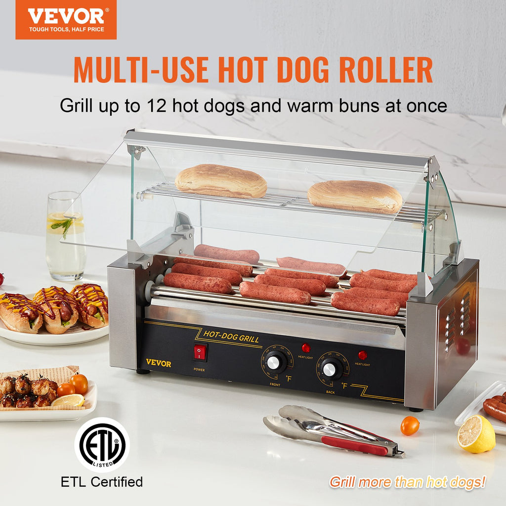Hot Dog Roller 5 Rollers 12 Hot Dogs Capacity, 750W Stainless Sausage Grill Cooker Machine