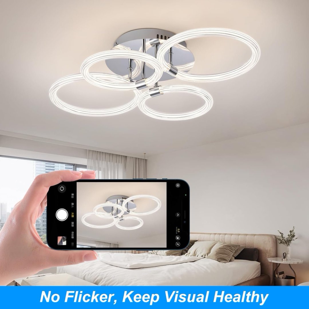 Modern LED Ceiling Light, Flush Mount Ceiling Light With Dimmable Remote Control, 6Rings Acrylic Ceiling Light Fixture For Bedroom, Living Room, Kitchen, Office Lamps 4 Heads