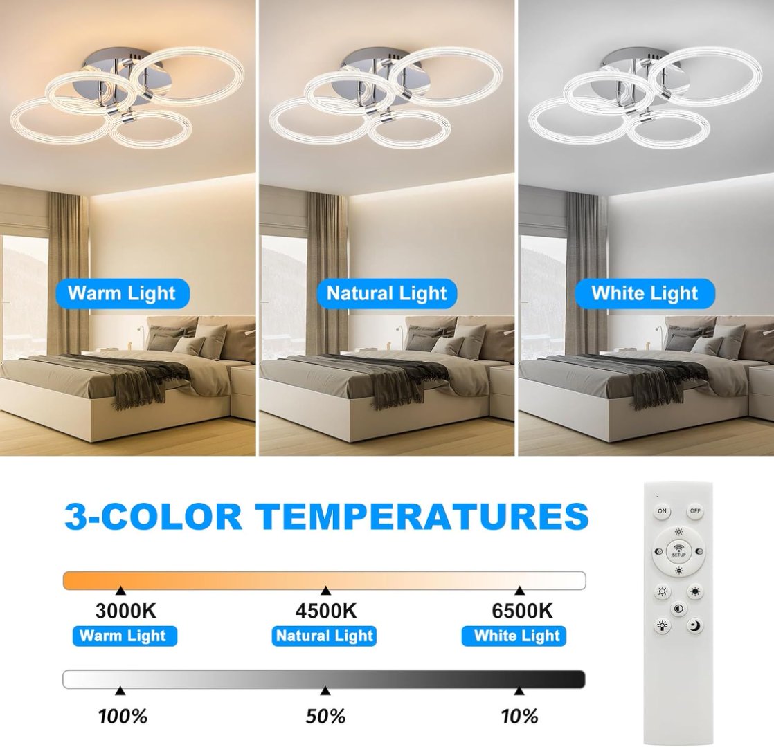 Modern LED Ceiling Light, Flush Mount Ceiling Light With Dimmable Remote Control, 6Rings Acrylic Ceiling Light Fixture For Bedroom, Living Room, Kitchen, Office Lamps 4 Heads