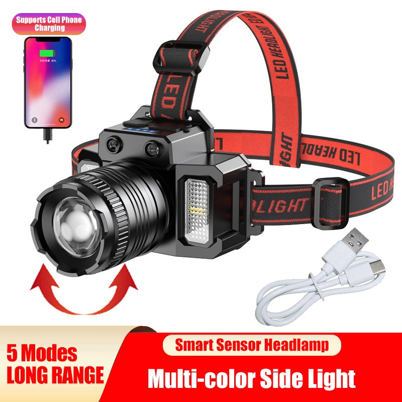 LED Telescopic Headlamp Head Torch USB Rechargeable Motion Sensor Headlight Zoomable 5 Modes Emergency Power Bank For Camping