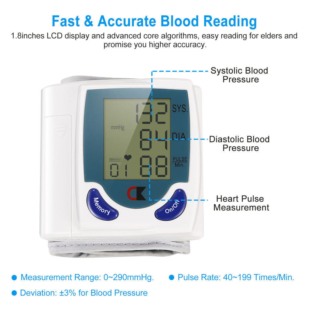 Blood Pressure Monitor Wrist Digital High Blood Pressure Cuff Heartbeat Tester With 60 Reading Memory 1.8 Inches LCD Screen Storage Box