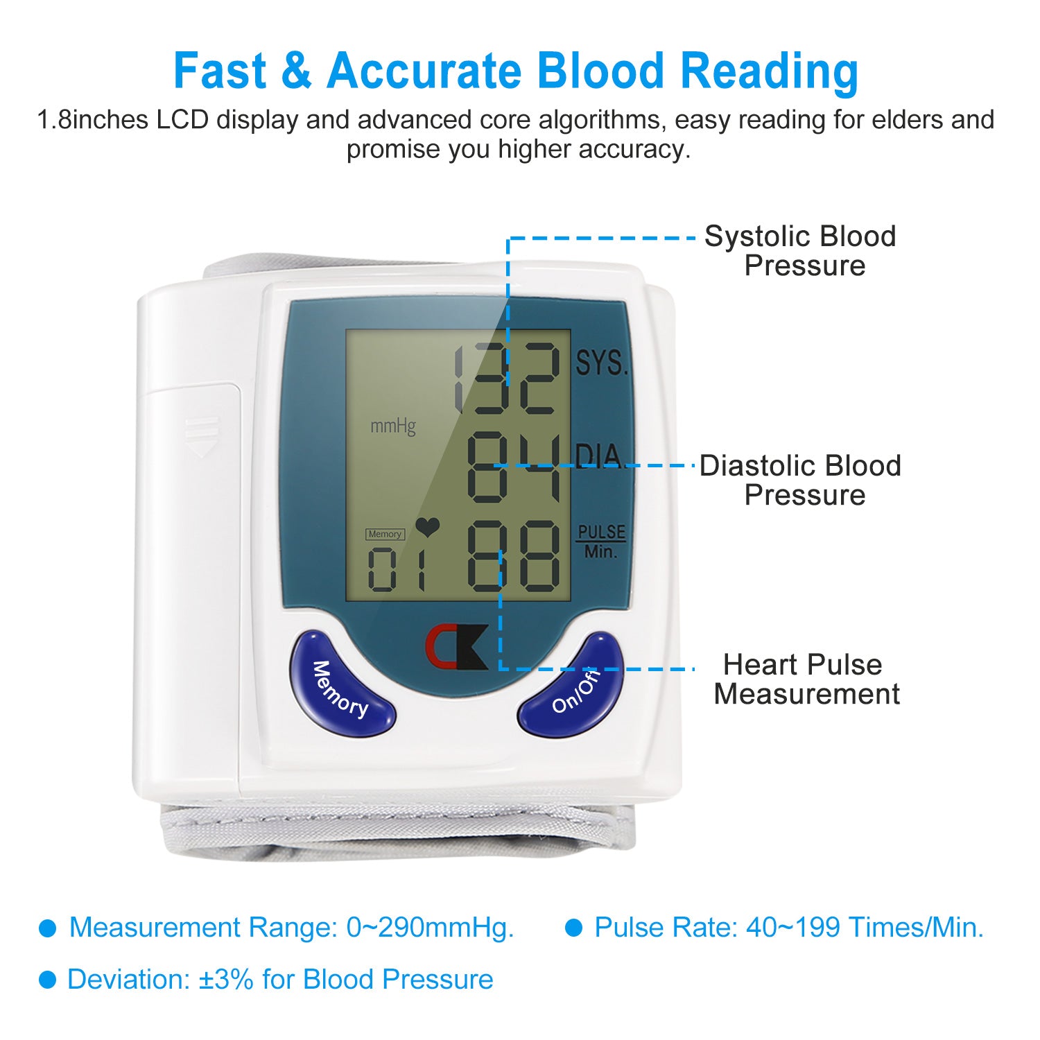 Blood Pressure Monitor Wrist Digital High Blood Pressure Cuff Heartbeat Tester With 60 Reading Memory 1.8 Inches LCD Screen Storage Box
